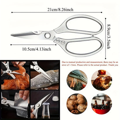 Sharp stainless steel kitchen scissors designed for home use, perfect for cutting through chicken, duck, and fish bones. Features a convenient fish scale scraper and is a helpful accessory for any small kitchen tool collection.