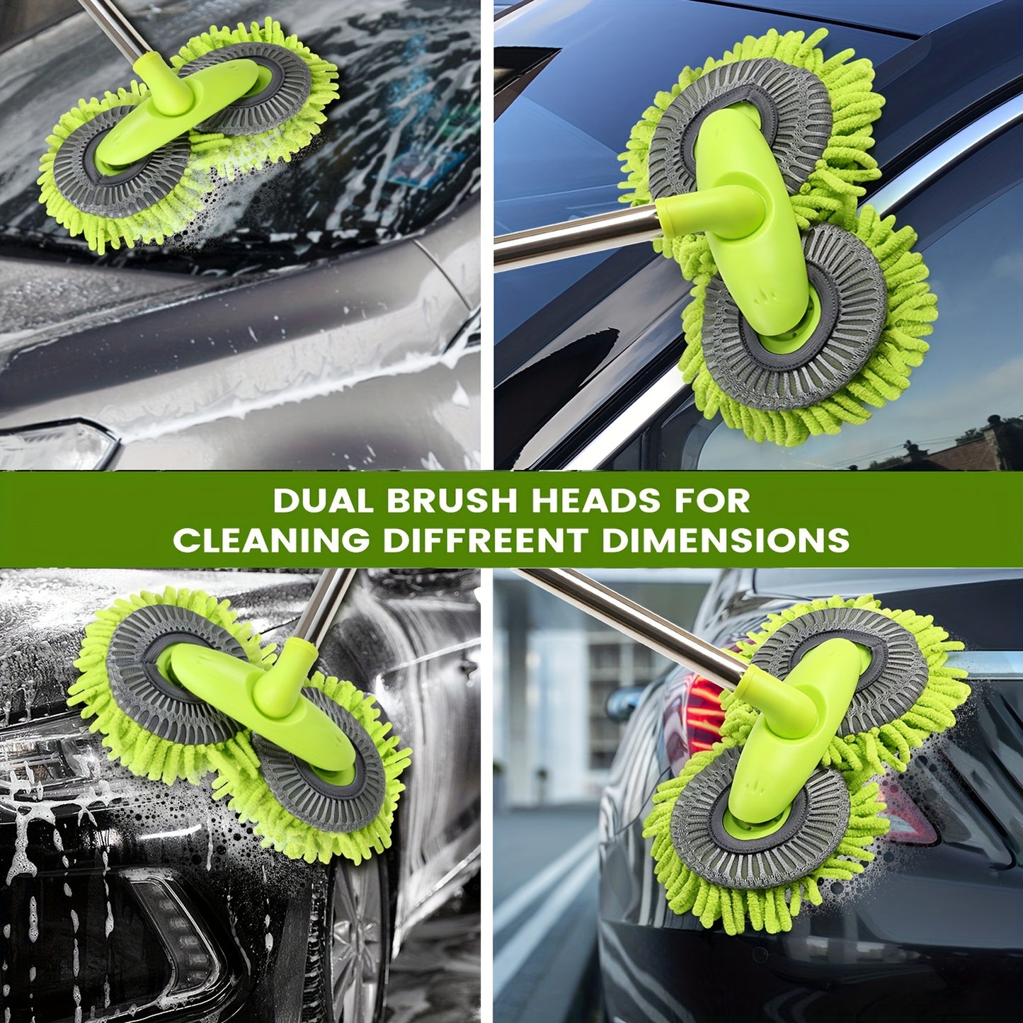 Green long handle car wash brush with ultrafine fiber for car care external cleaning, no power or battery needed.