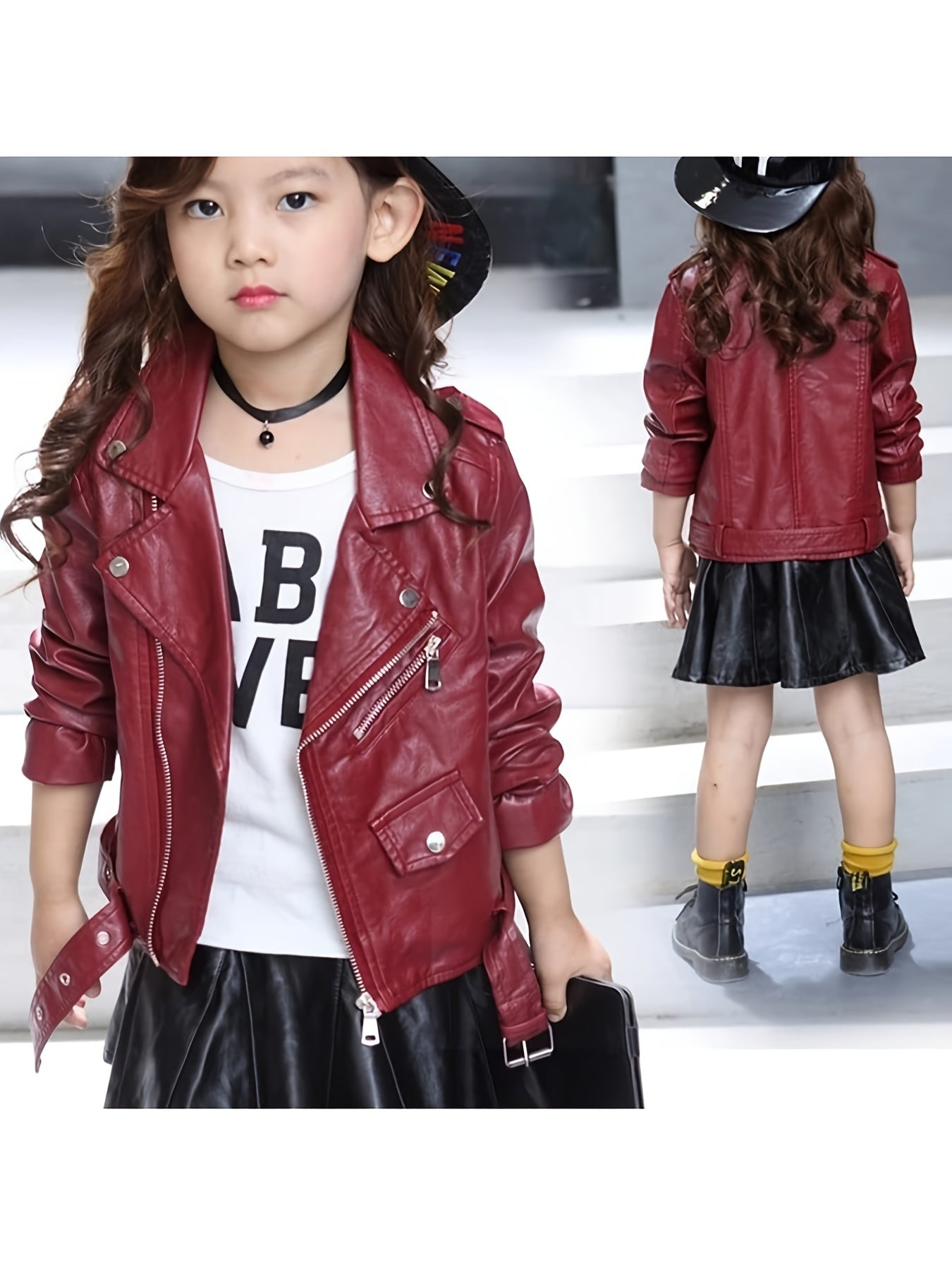 Stylish PU leather motorcycle jacket for girls, perfect for fall/winter