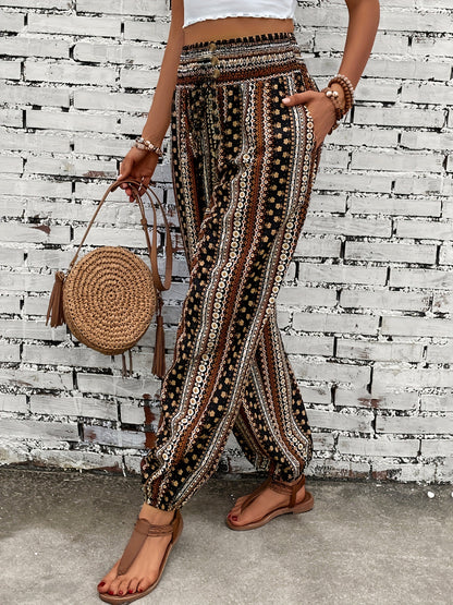 Ethnic style printed pants for women with pocket, button, and elastic waist in plus-size.