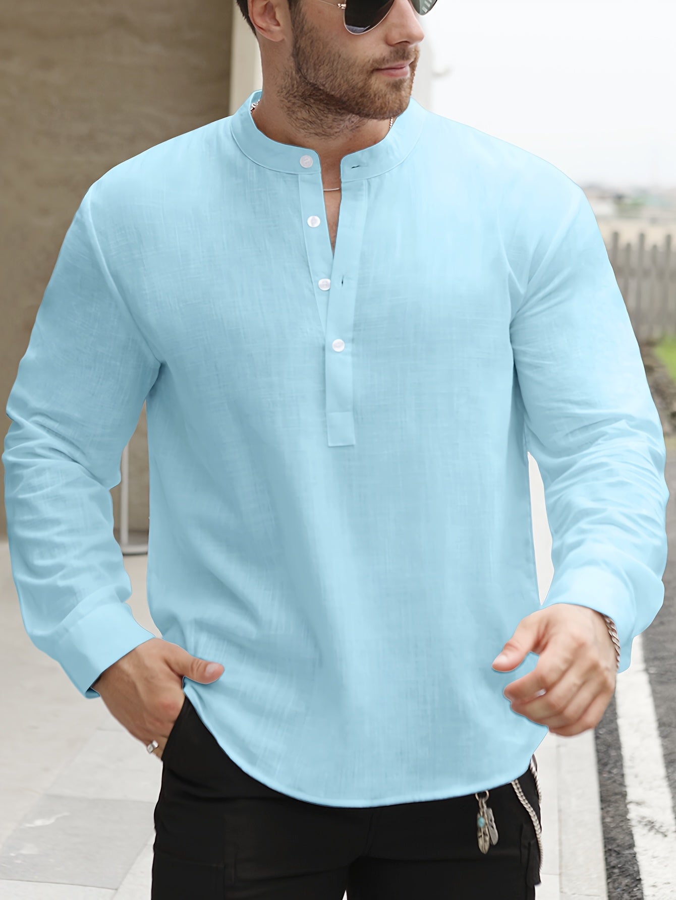 Mint green men's bamboo cotton blend henley shirt with long sleeves, relaxed fit, and vintage summer style.