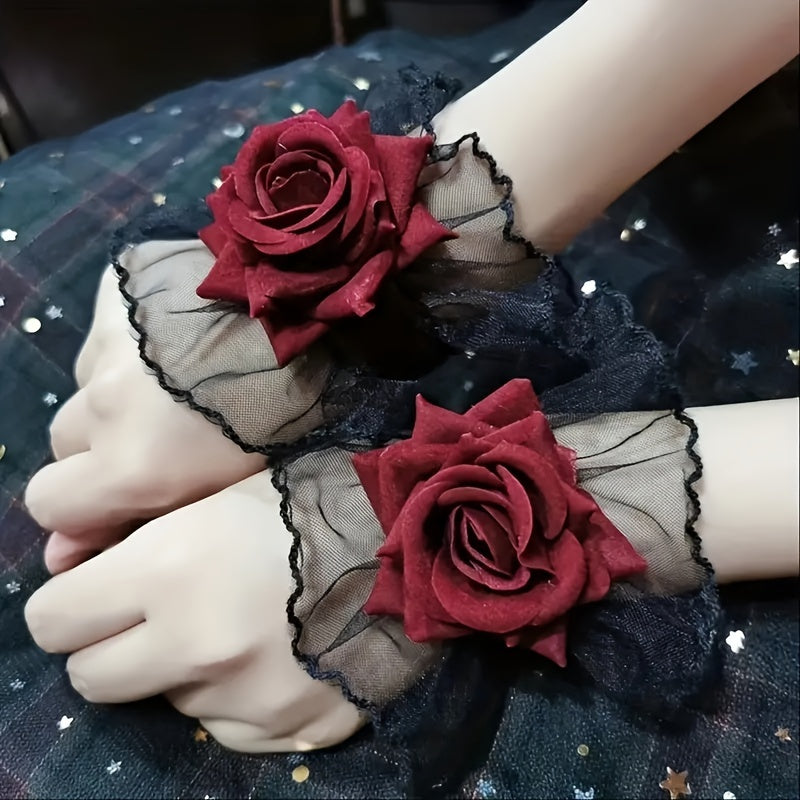 Dark Lolita lace wrist cover sleeve in wine red with rose flower design exudes sexy and elegant style.