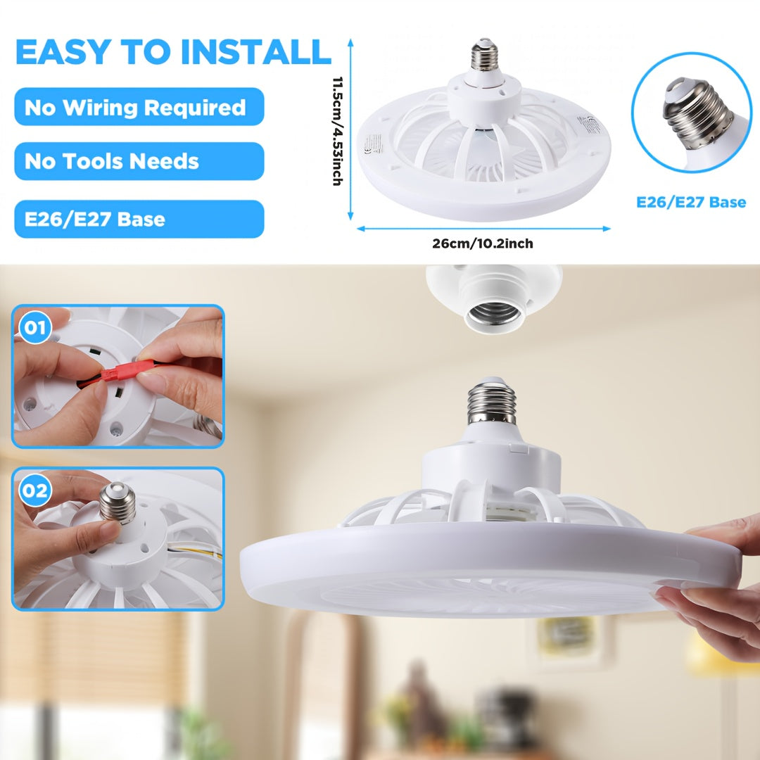 White LED ceiling fan light with remote control, 3-speed fan, dimmable, timer function, easy installation for garage, bedroom, office.