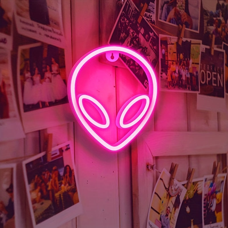 1pc Alien LED Neon Sign, 22.0x19.48cm - Dual USB/Battery powered, Easy to mount on wall, Blue & Pink UFO-inspired light for bedroom/game room decor - Aesthetic, Plug-free.