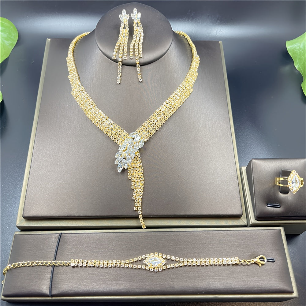 Extravagant 4-piece Rhinestone Tassel Jewelry Set - Includes Necklace, Earrings, Bracelet, and Ring - Ideal for Special Events and Formal Occasions