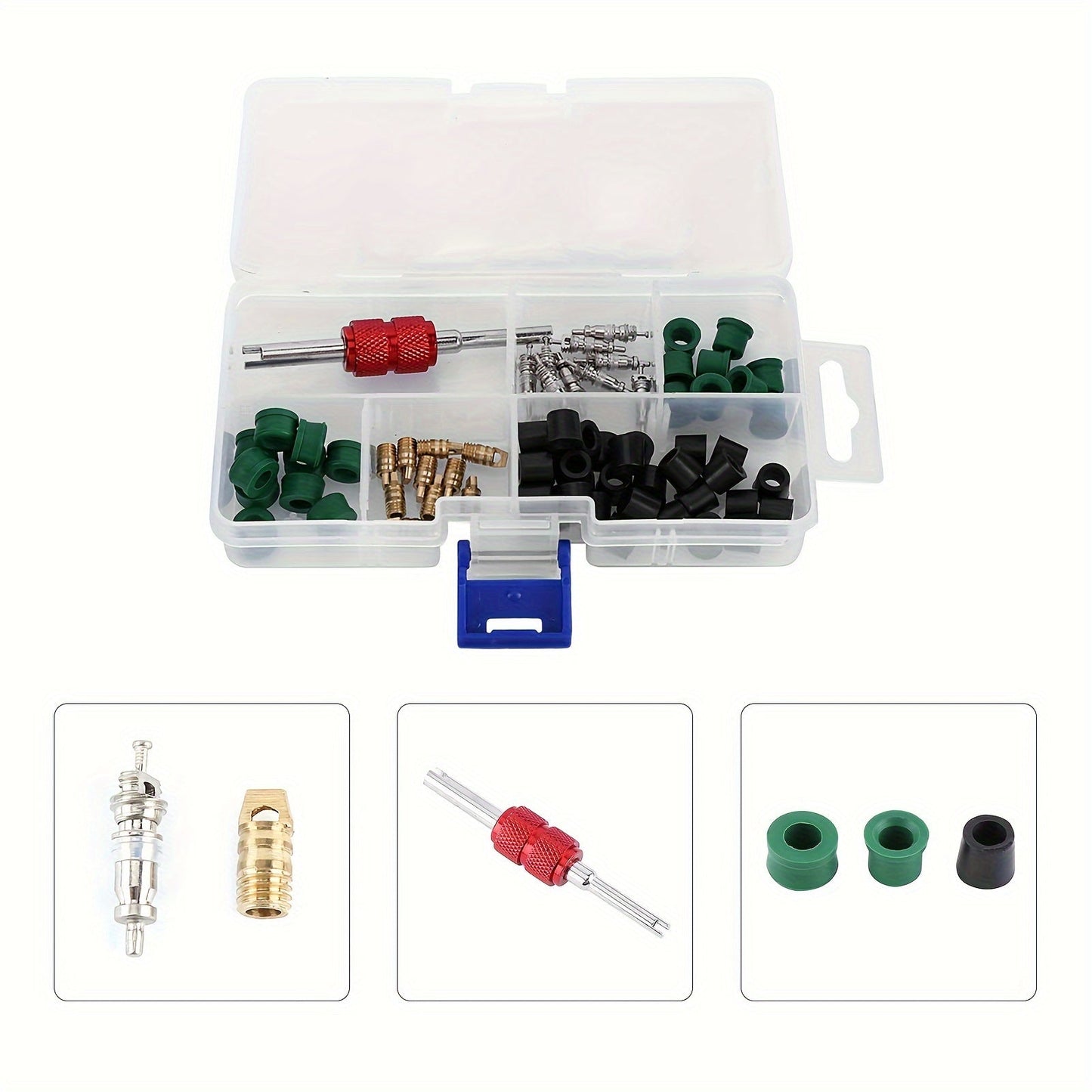 Complete Air Conditioner Repair Tool Kit, consisting of 51, 71, or 91 pieces - Ideal for Professional Air Conditioner Maintenance and Repair. Includes Valve Core Tools, 10 Valve Cores, Hose Gasket, and 10 Valves for an Efficient Solution to Car Air