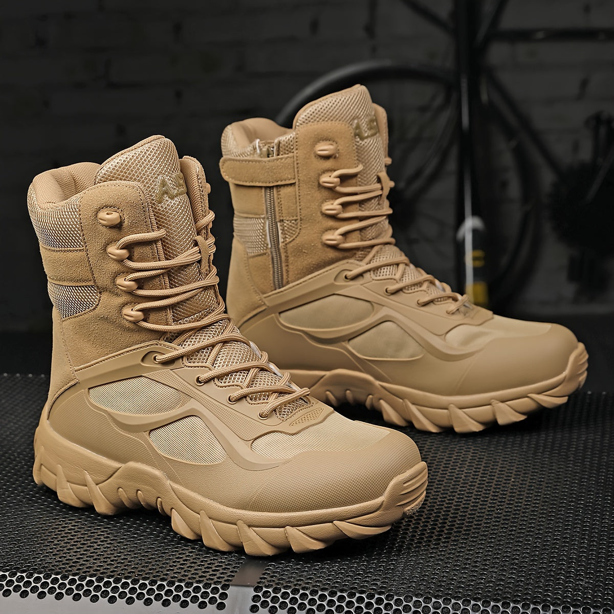 High-top hiking boots for men with breathable fabric, non-slip soles, and zip/lace closure, perfect for all seasons including autumn.