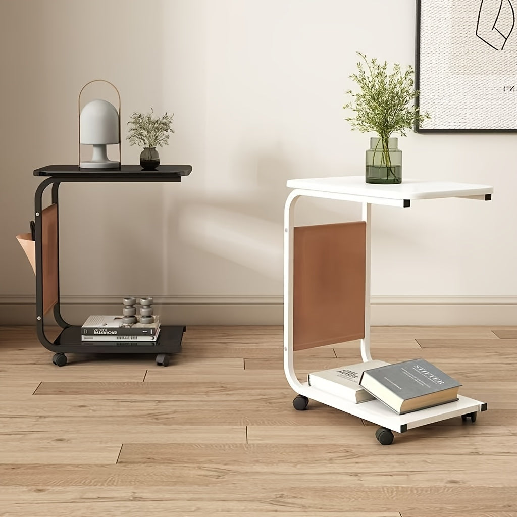 Rolling side table with wheels made of hardwood and metal frame, available in four colors for use in living room or bedside.