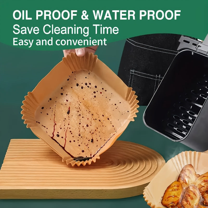 One hundred pieces of square air fryer liners - these pre-cut parchment paper mats are non-stick and food-grade for baking and cooking, with absorbent properties.