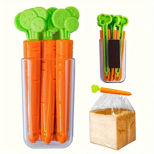 Magnetic Bag Clips in Carrot Shape, Set of 5 - Reusable Plastic Sealers for Food Storage, Groove Design Kitchen Organizers for Snack Bags, Safe for Non-Food Contact