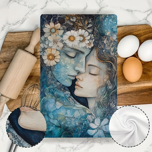 Two pieces of ultra soft kitchen towels featuring the "Serenity of Love" artistic design. These highly absorbent and machine washable dish hand towels measure 40.64x60.96 cm. Perfect for contemporary coastal decor, these towels feature a floral and