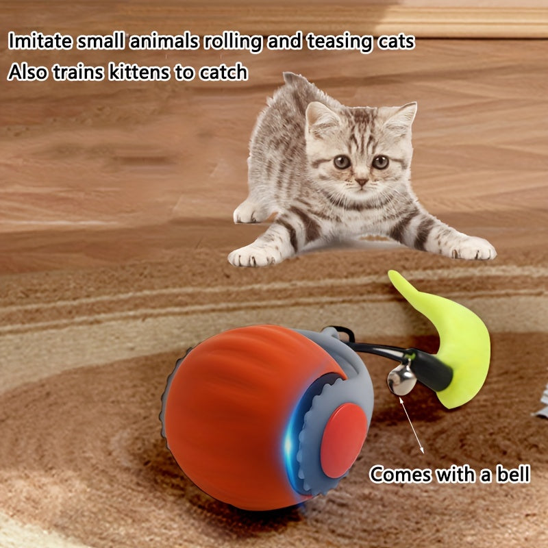 USB rechargeable interactive cat toy with bell and long tail, cartoon animal-inspired rolling teaser ball in red and gray, safe for all cat breeds.