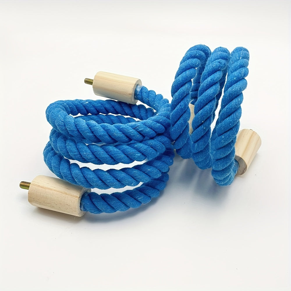 Bird perch made of blue braided rope with wooden platforms, suitable for various bird species and small pets.