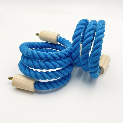 Bird perch made of blue braided rope with wooden platforms, suitable for various bird species and small pets.