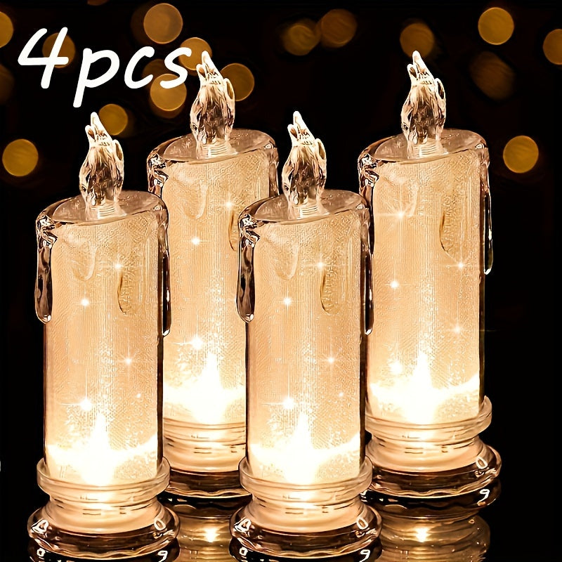 4pcs Acrylic LED Flameless Candles, 3D Column Candles for Festive Decor (Christmas, Halloween, Easter, Thanksgiving, Winter), Battery Operated with Button Batteries.