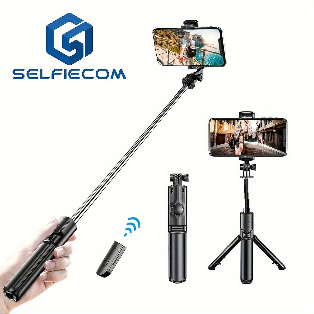 Telescoping selfie stick with tripod and remote for iPhone, Samsung, and Android smartphones, 360° rotation.