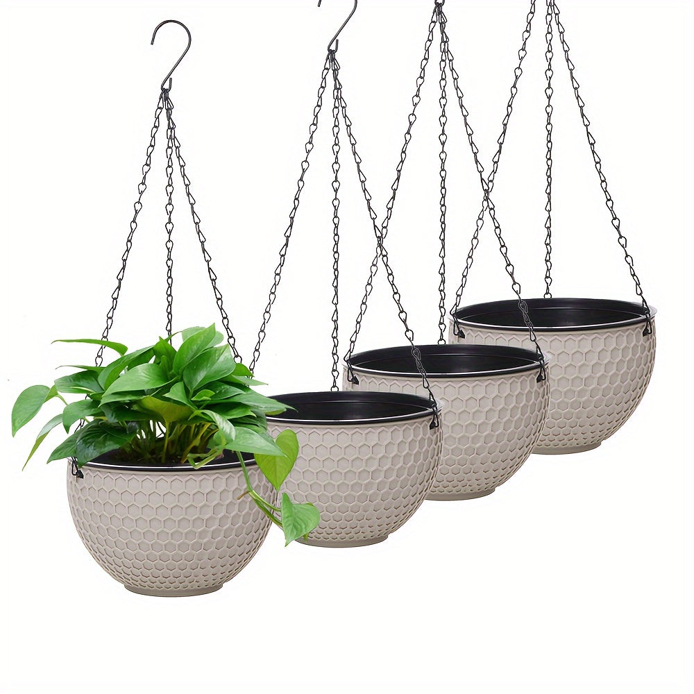 Durable 4-pack plastic hanging flower pots with drainage holes, chain hook, and honeycomb pattern. Suitable for indoor and outdoor use, no electricity needed.