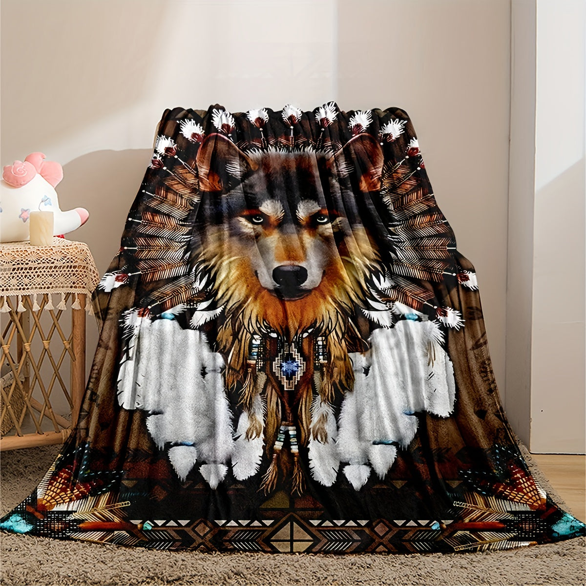 Modern Wolf Head Print Flannel Throw Blanket, featuring a Geometric Pattern, made from All-Season Knitted Polyester, perfect for Home, Office, or Camping - Offered in Various Sizes