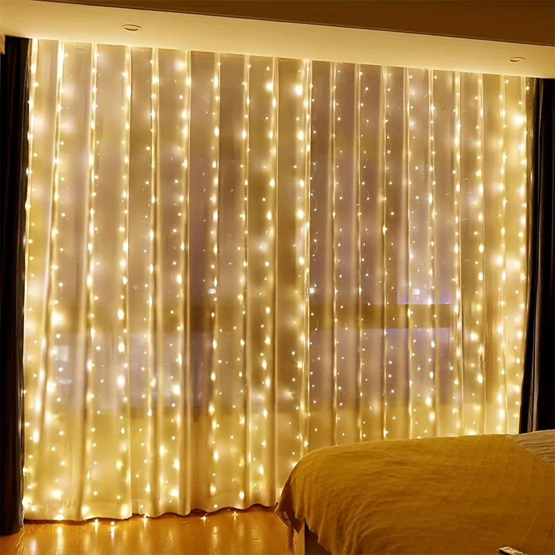 LED curtain string lights with remote control, perfect for New Year, Christmas, parties, and weddings.