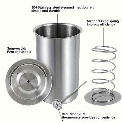 304 Stainless Steel Meat Pressing Barrel with Snap-On Lid, Real-Time Thermometer, Durable, Smooth Edge for Efficient Ham Making.