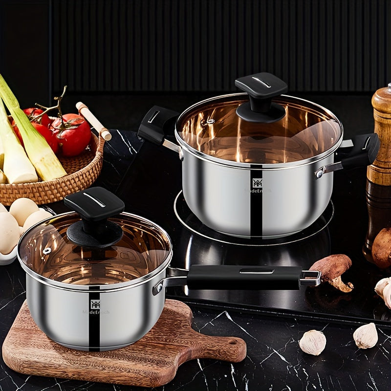 Stainless Steel Cookware Set - Includes 17.3cm Milk Pot and 21.59cm Soup Pot, Easy to Clean, Compatible with Gas Stove, Suitable for All Types of Stovetops