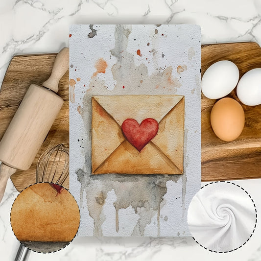 Valentine's Day Kitchen Towels Set - 2 Pieces of Ultra Soft Towels with Whimsical Heart Envelope Design. These Highly Absorbent Dish Hand Towels are Machine Washable and feature a Contemporary Style. Each towel measures 40.64x60.96 cm. Perfect for your