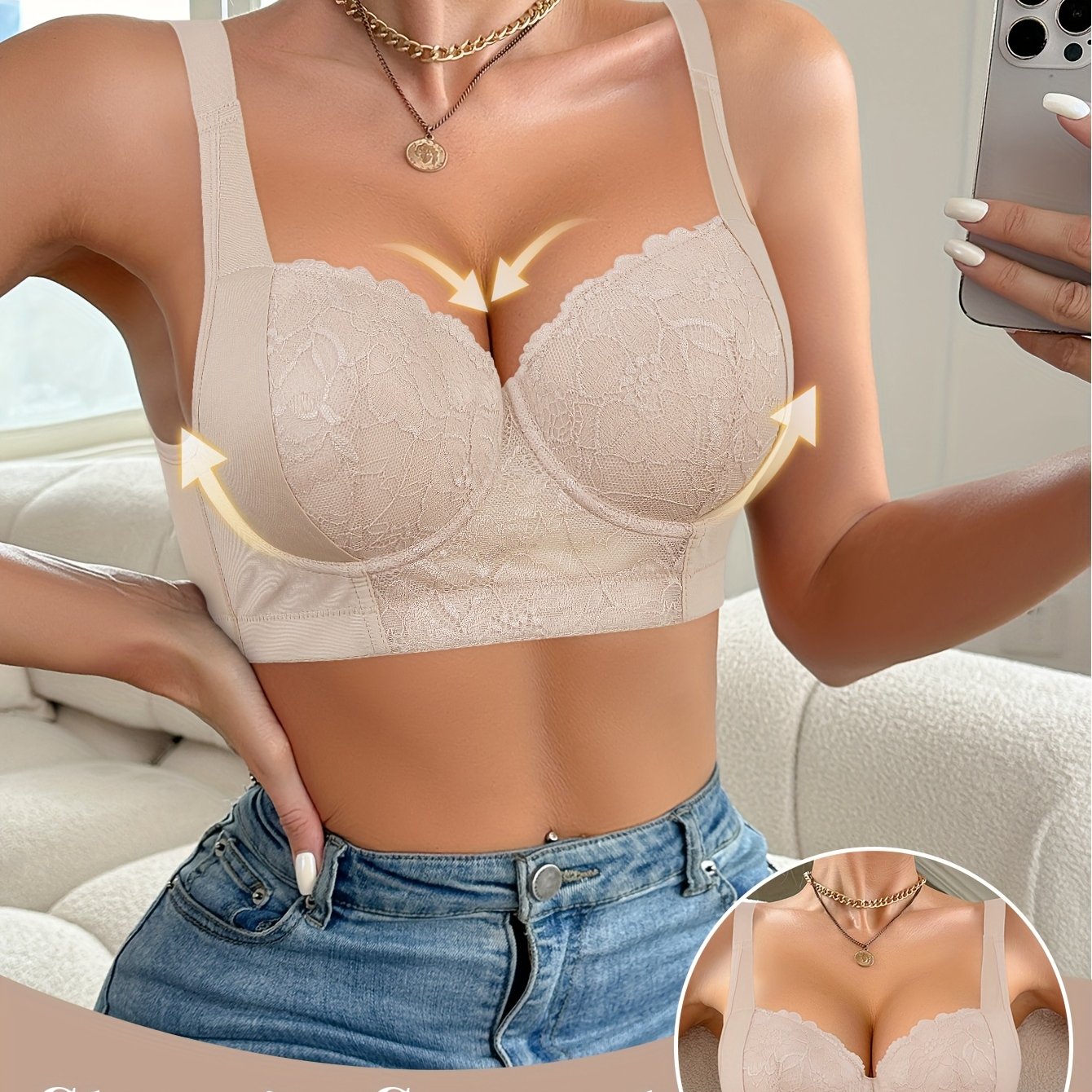 Elegant lace push-up bra with enhanced support and non-removable pads. Hand washable with white floral lace detail. Feminine undergarment for comfortable wear.