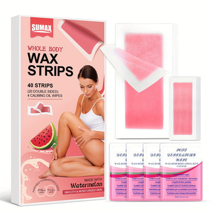 40/20 Watermelon Hair Removal Wax Paper Set with Large and Small sizes, includes Wet Wipes. Suitable for full body hair removal including armpits, legs, eyebrows, beards, and bikini area.