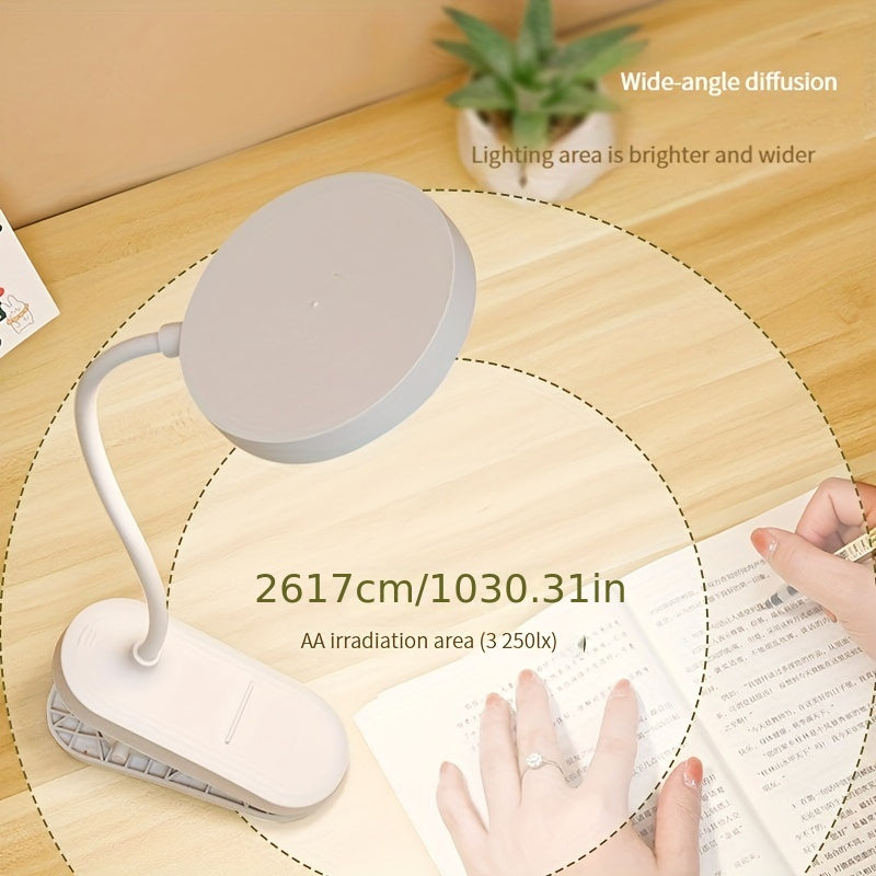 Adjustable brightness clip-on LED desk lamp with soft eye protection, touch control and USB charging. Ideal for reading and studying in dorms, bedrooms, and home offices.