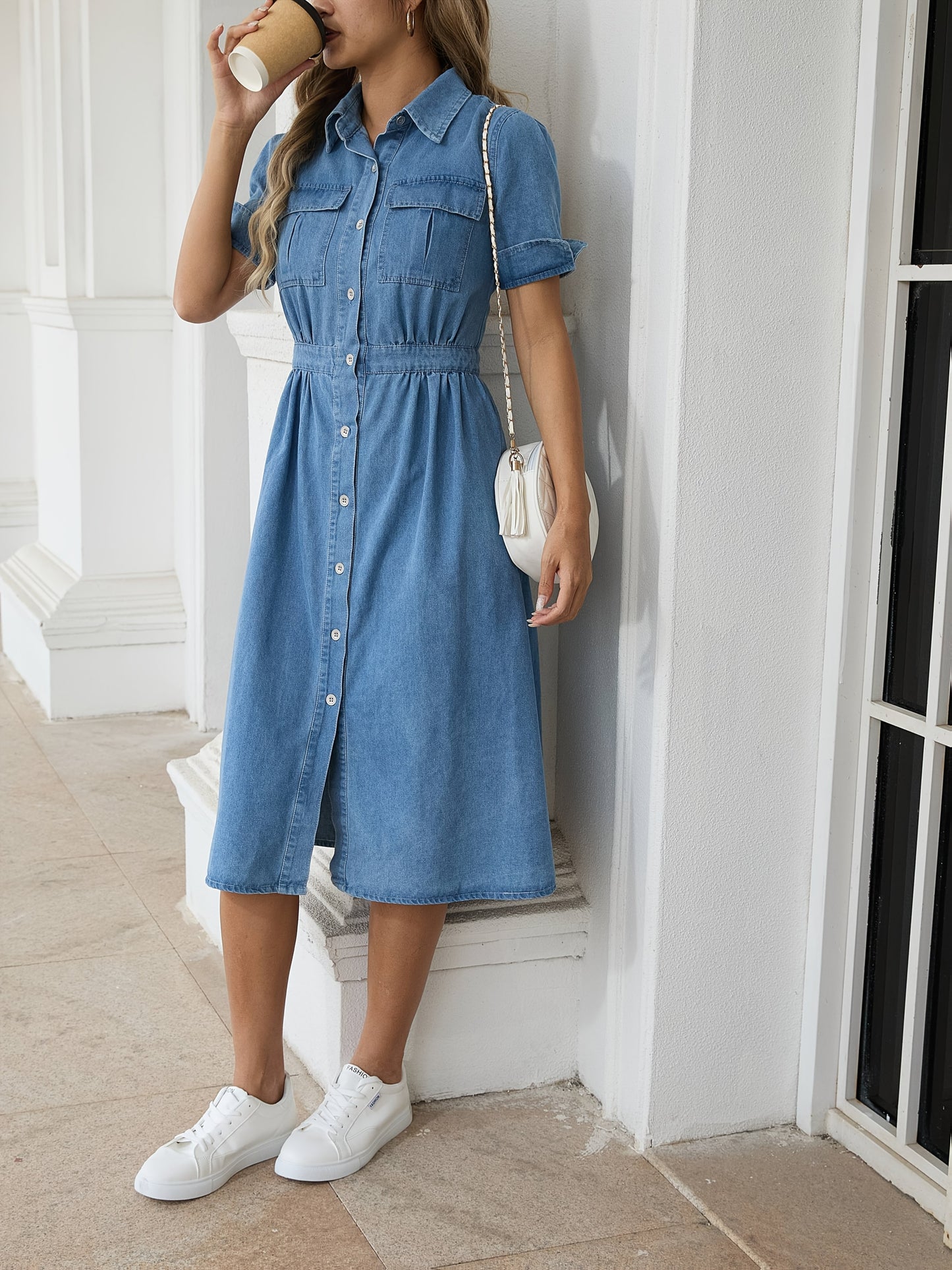 Casual denim midi dress for women, short sleeves, flap pockets, button-up front, non-stretch fabric, machine washable, elegant blue jean style.