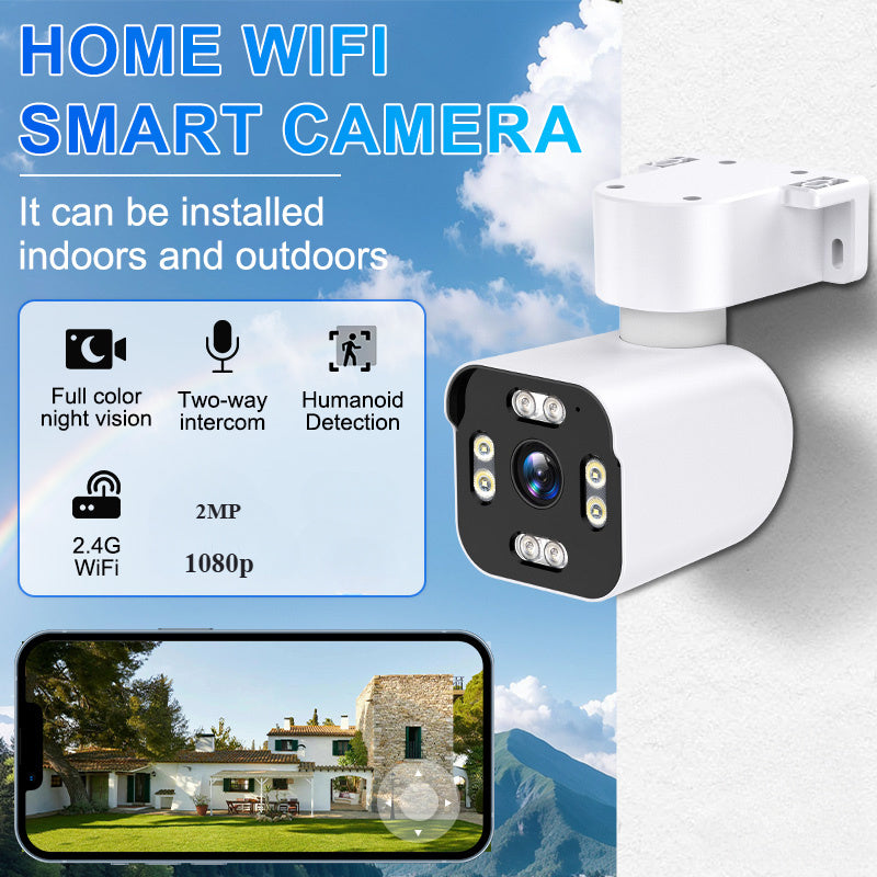 Advanced wireless security camera with intelligent features for night vision, including infrared and white LED lights. Equipped with full-color and infrared night vision capabilities, two-way voice communication, 365-degree horizontal PTZ, humanoid