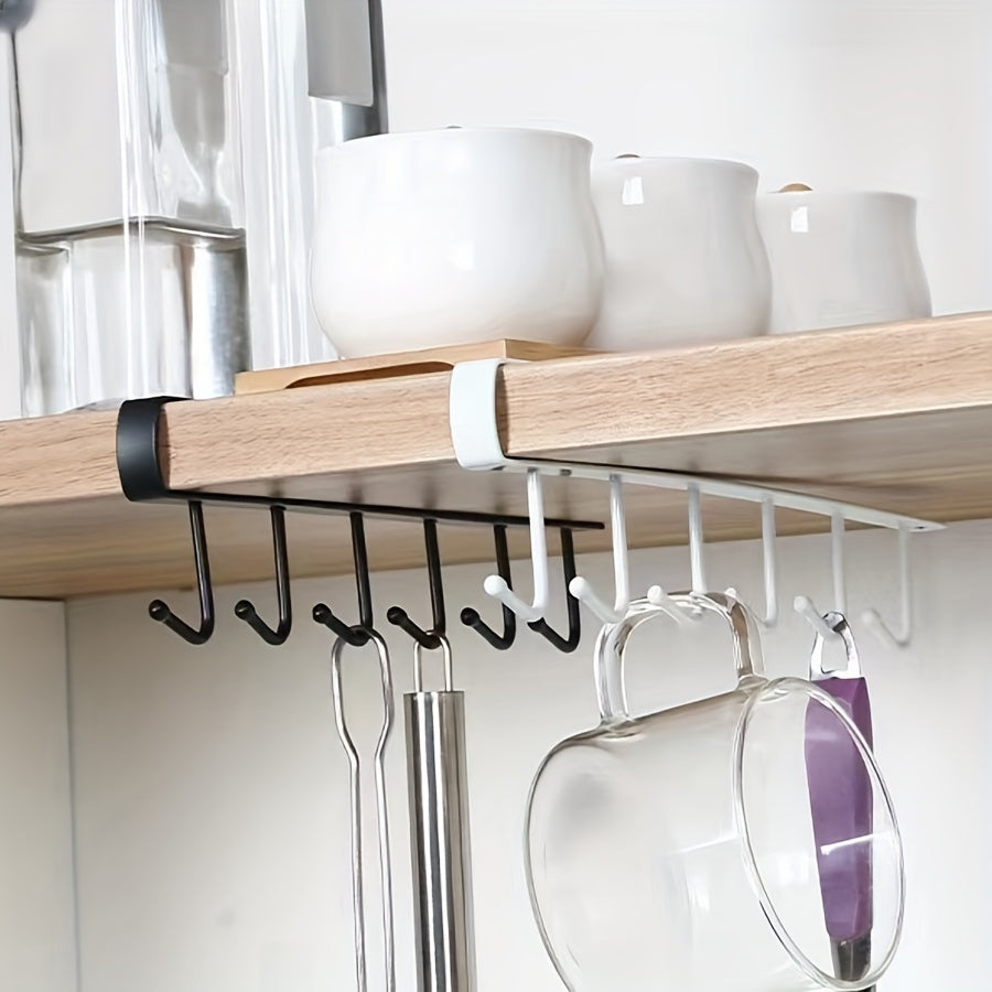 Double row hanging hook cup rack made of cast iron for kitchen cabinet storage without the need for drilling, electricity, or powered usage.