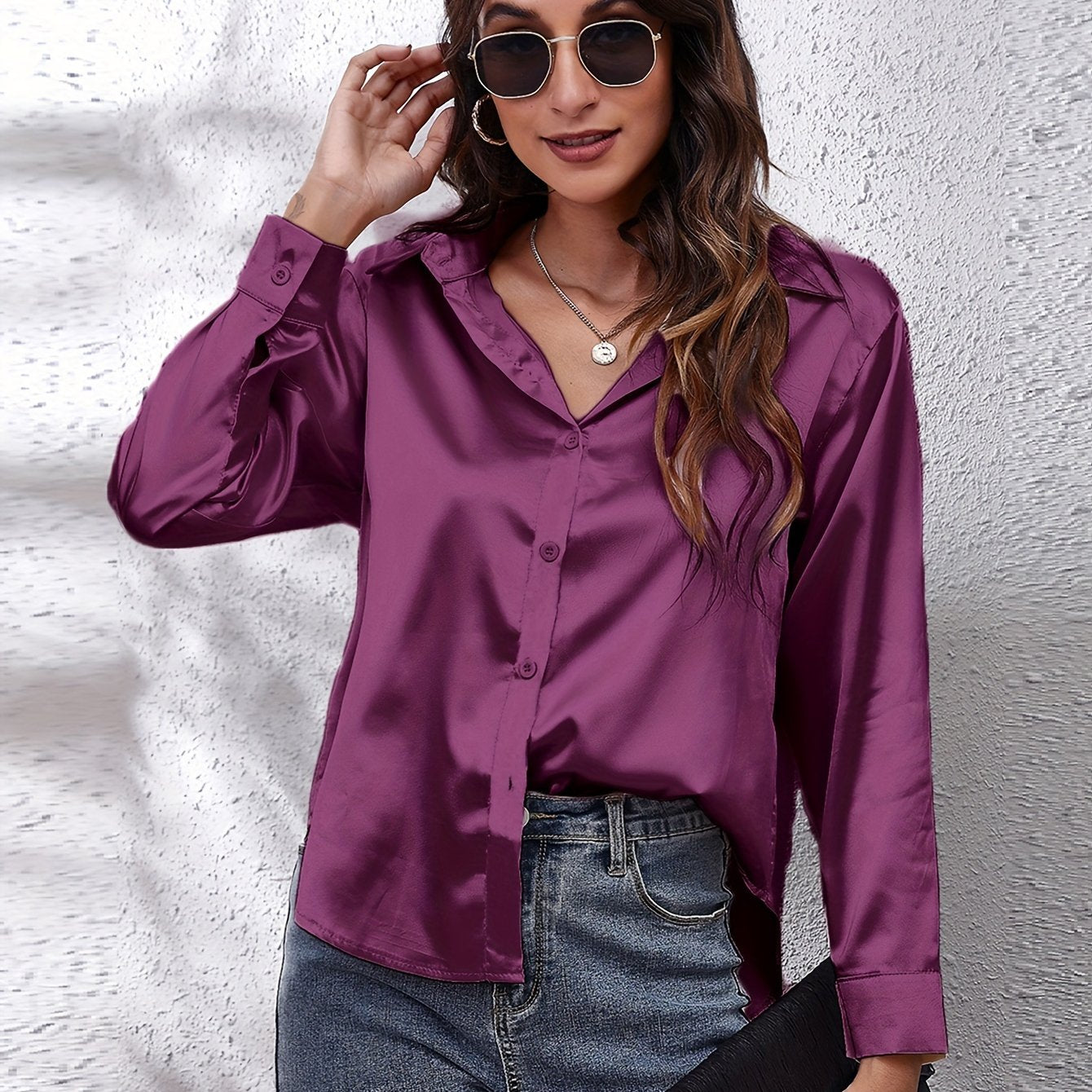 Women's Elegant Satin Shirt with Lapel Collar, Polyester, Solid Color, Regular Length, Single Breasted