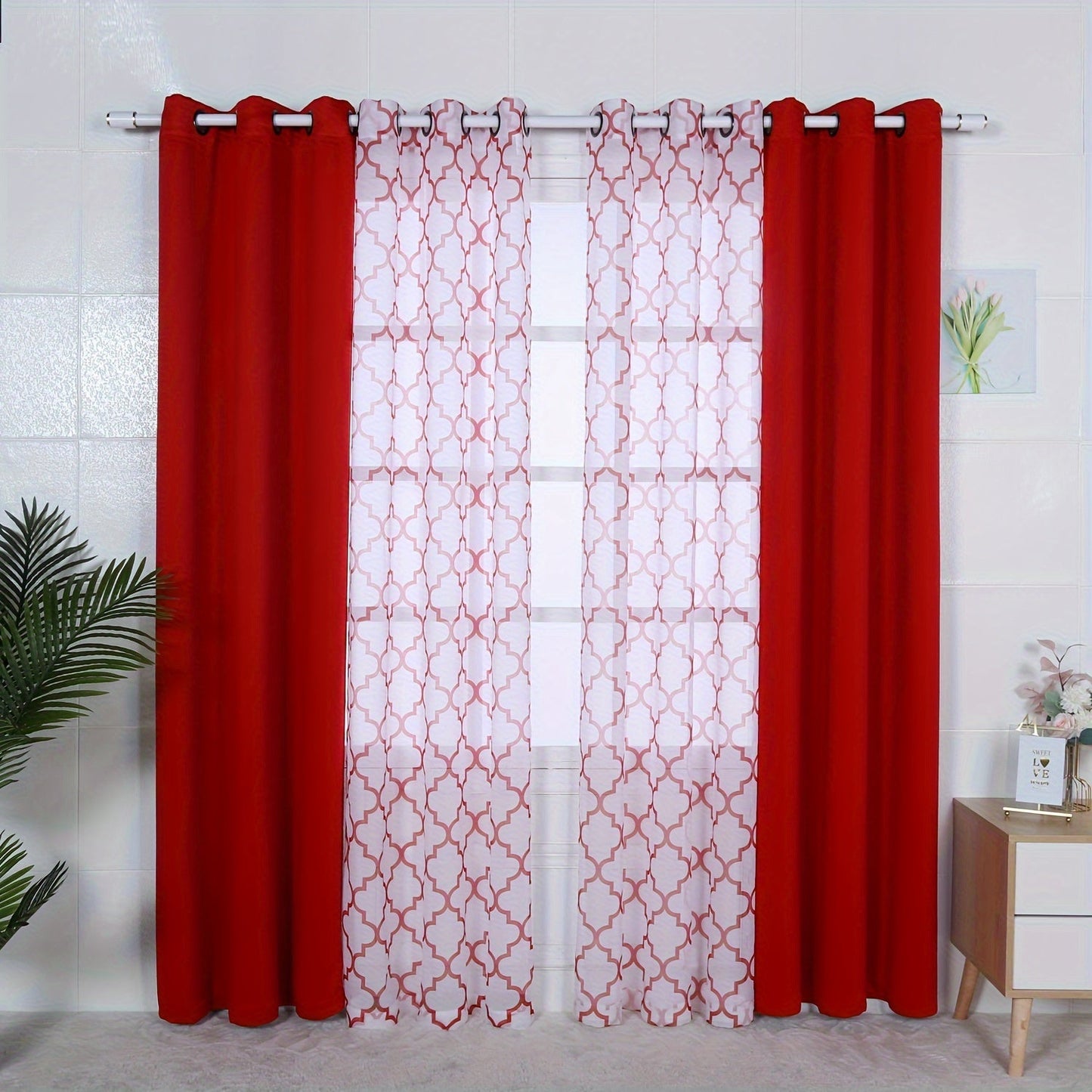 Blackout Curtains and Sheer Panels with Snowflake Pattern, Including Rods, Indoor Set of 4, Weighing 200 Grams in Total.