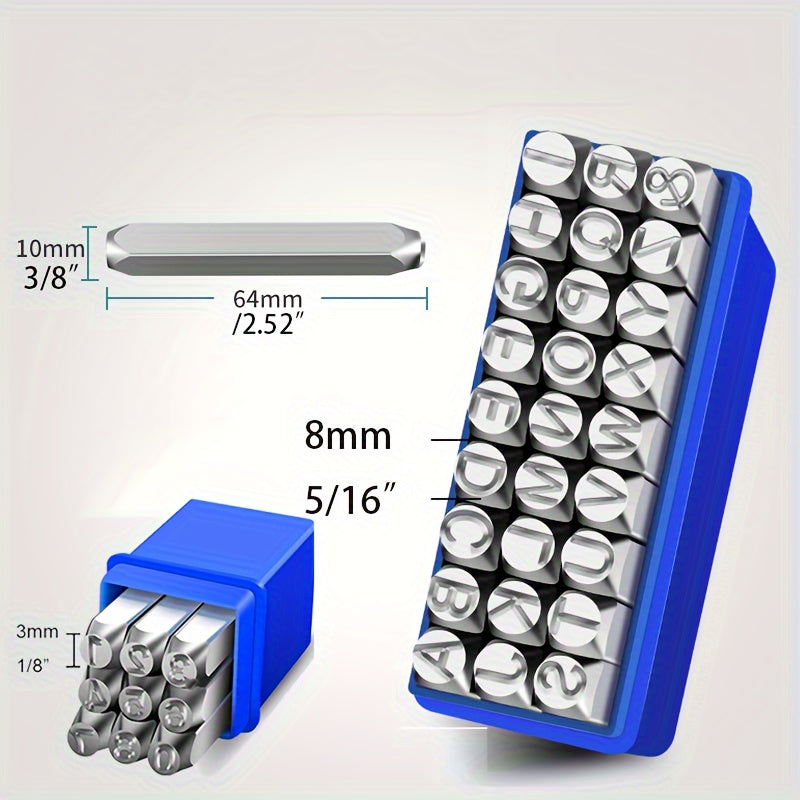 Alloy steel stamp set for imprinting on various materials such as metal, plastic, wood, and leather. Great for crafting and arts.