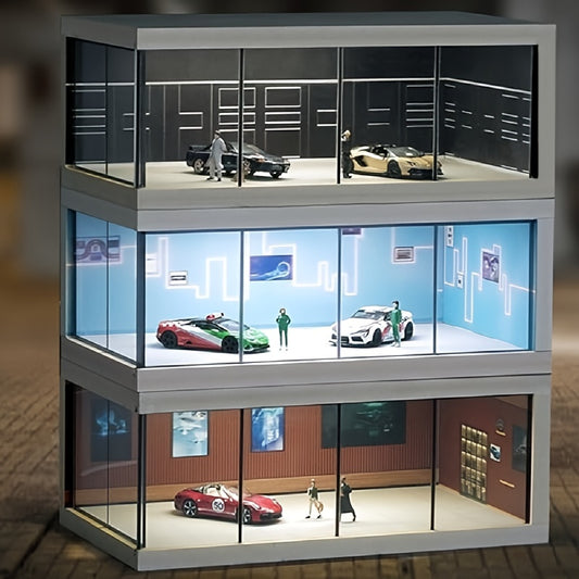 1/64 Scale Transparent Acrylic Car Model Display Case with Dust Cover - Multi-Level Garage Showroom Scene with Lighting Effects, Stackable PVC Storage Box for Collectibles (Brown, Blue