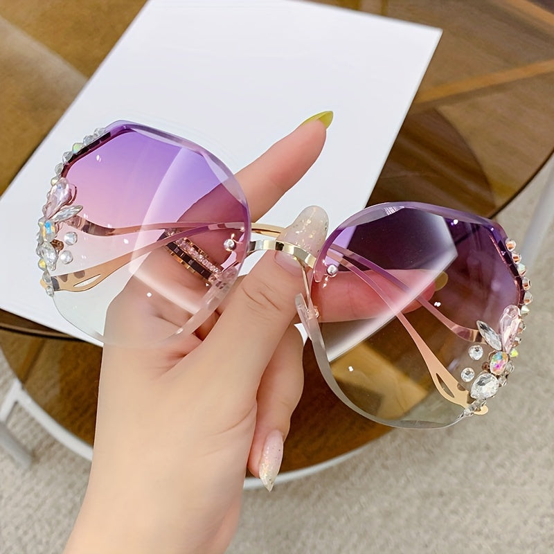 Purchase one and receive one free rhinestone glasses with a frameless gradient lens and a unique bent leg design.