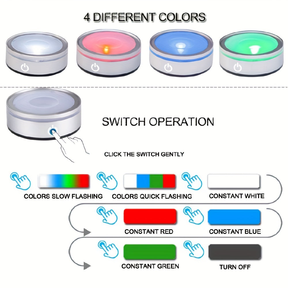 Round plastic LED display stand for 3D crystal, glass, acrylic, or transparent materials. Touch-sensitive color-changing base with rechargeable USB. 7.9*7.9*2.69cm.