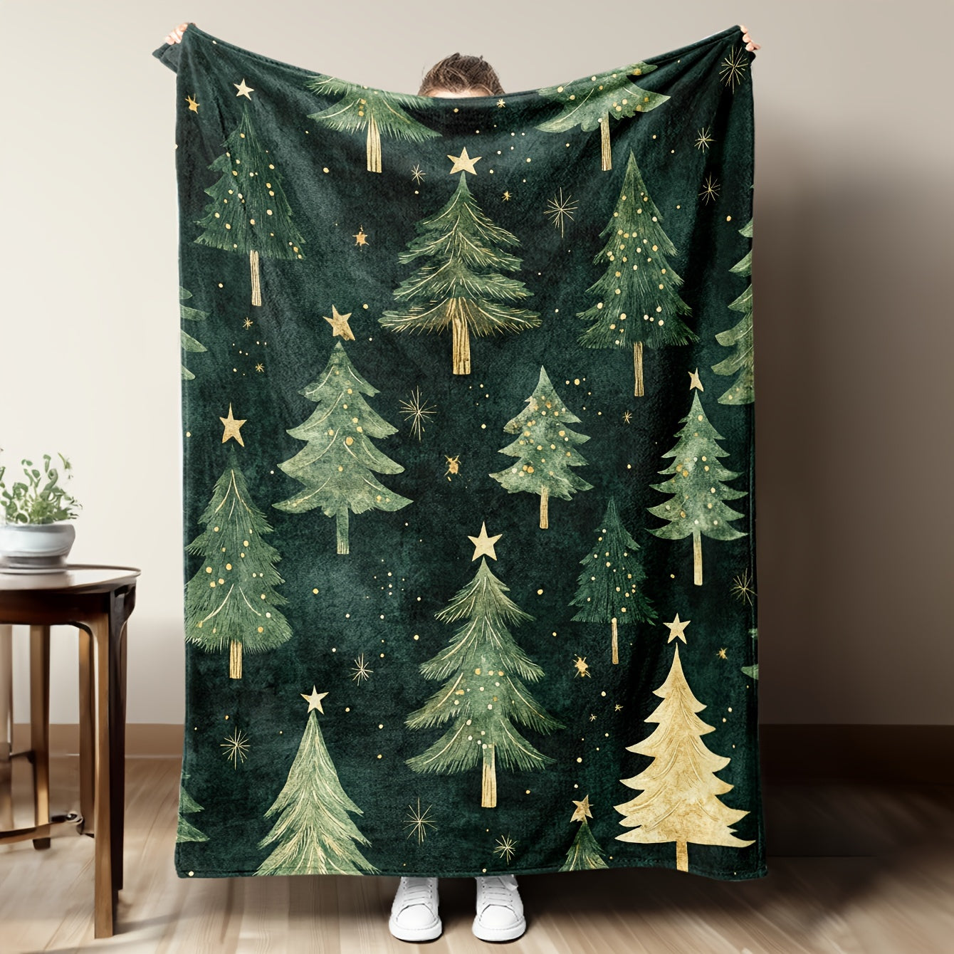 Get cozy with this green Christmas tree print Flannel Fleece Throw Blanket. Whether you're snuggling up on the sofa, bed, or in the office, this soft and warm blanket provides year-round comfort. It's machine washable, anti-allergen, and made with a