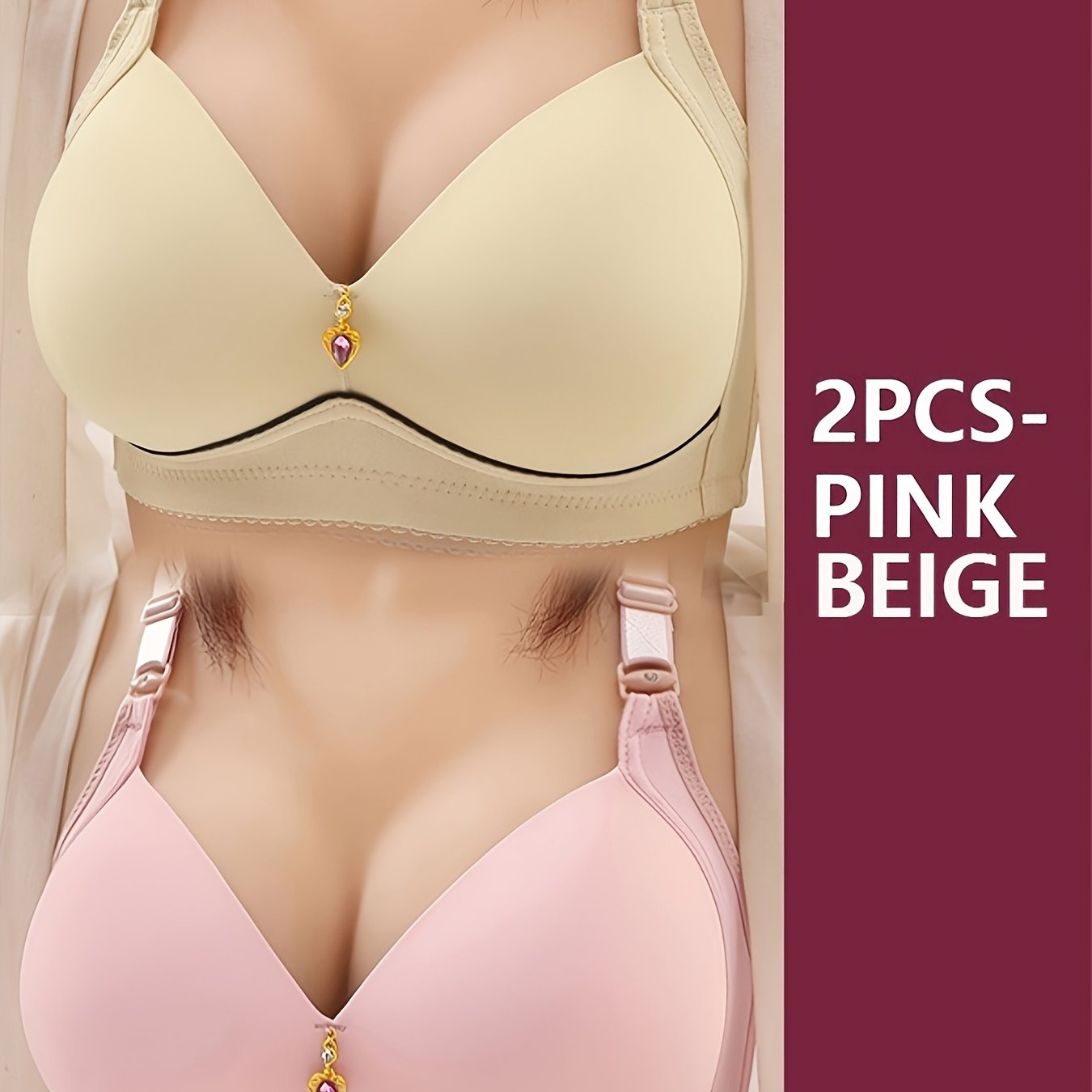 Two elegant push-up maternity bras featuring adjustable straps with a rhinestone closure, front zipper, and made of a comfortable polyester and elastane blend. Perfect for all-season wear.