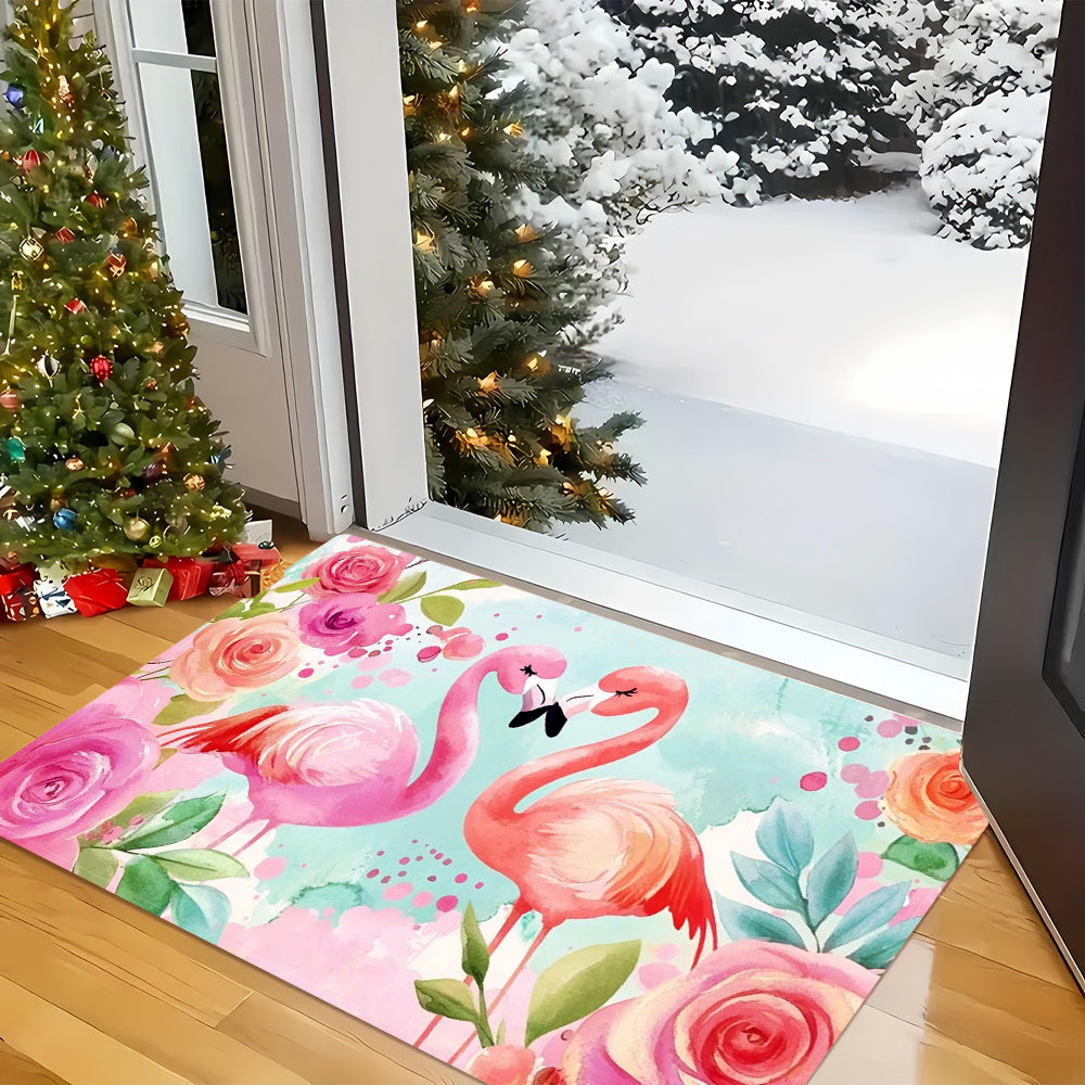 1 Piece Vibrant Flamingo & Floral Design Anti-Slip Floor Mat - Made of 100% Polyester, Machine Washable & Highly Absorbent - Perfect for Use in Kitchens, Laundry Rooms, and Living Areas - Washable Area Rug