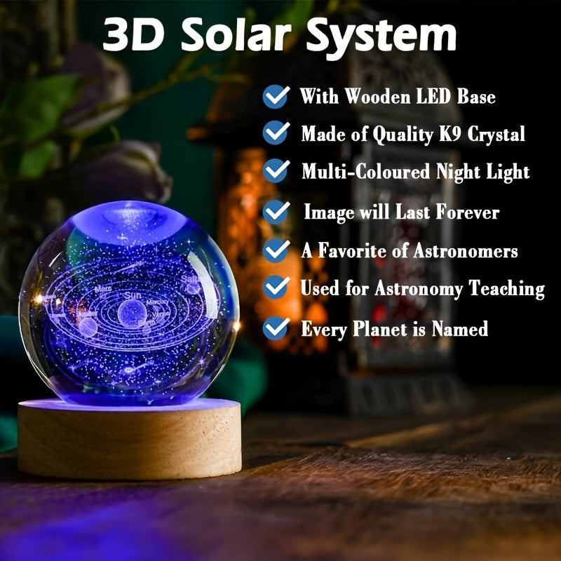 6cm USB-powered 3D Solar System Crystal Ball with Multicolor LED Base. Perfect for astronomy enthusiasts and space collectors.