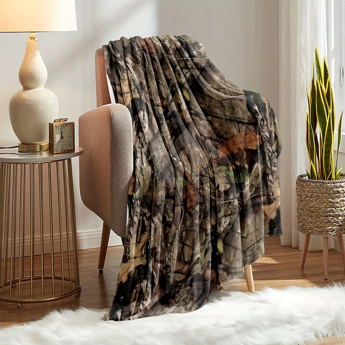 Ultra-clear digital print flannel hunting camouflage forest blanket, incredibly cozy and snug, perfect for outdoor adventures, traveling, staying cool indoors, or catching a quick nap.