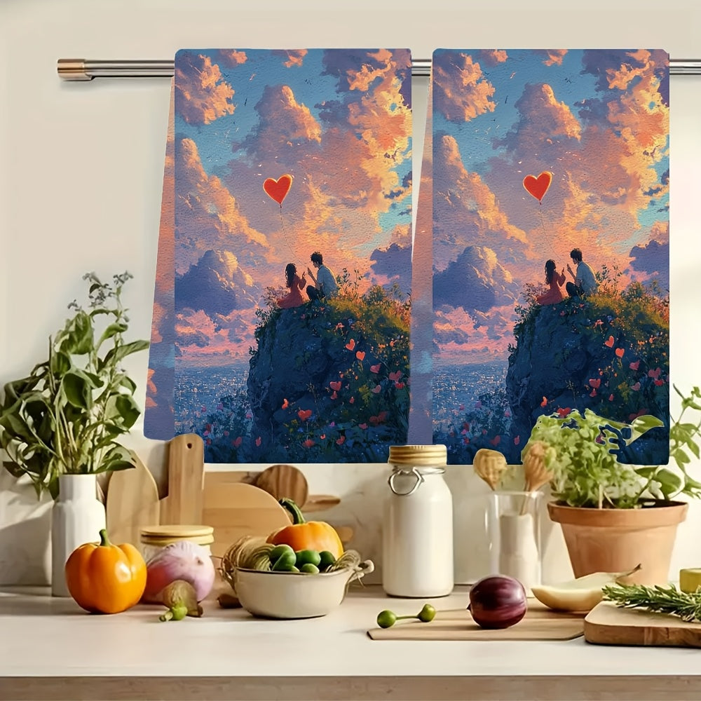 Get a pair of ultra-soft kitchen towels with a charming anime couple on a heart-shaped hilltop, flying a heart-shaped kite. These dish towels are super absorbent, great for holiday decor, easy to machine wash, and measure 40.64X60.96 cm.