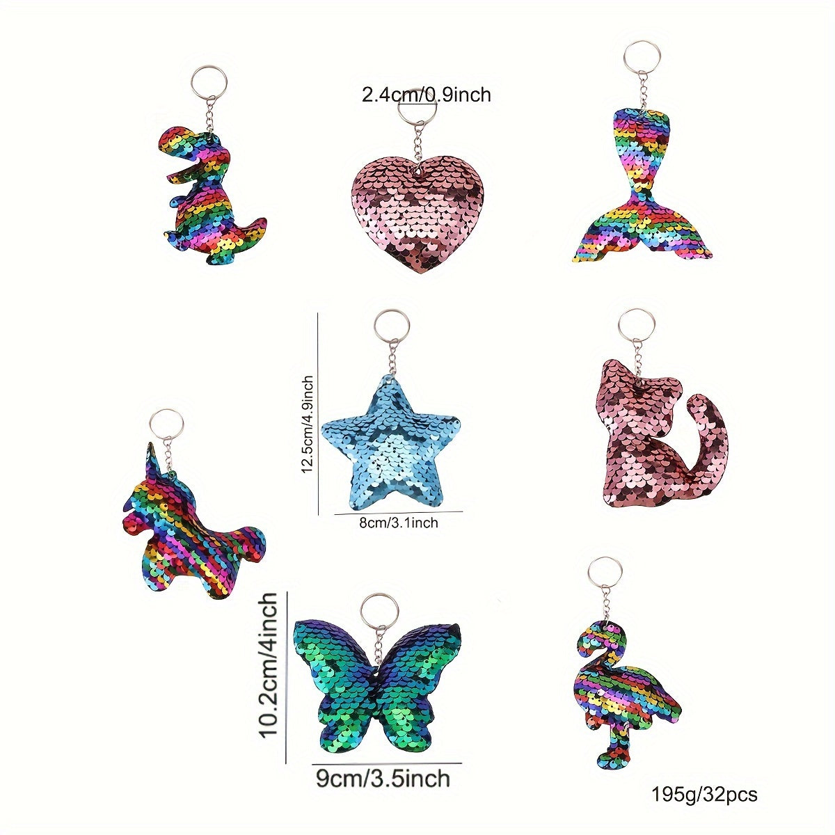 Set of 32 Sparkling Sequin Keychains featuring Flamingo, Mermaid Tail, Butterfly, and Unicorn shapes - Ideal for Party Favors, Birthday Gifts, and Back-to-School Decor.