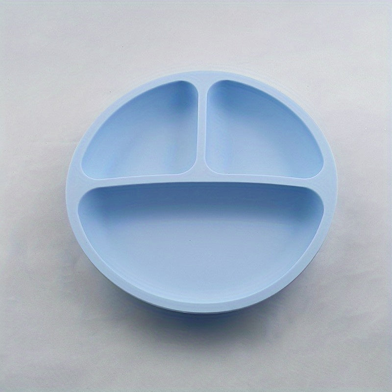 Silicone dining set for children includes plate, bowl, utensils, and microwave-safe bowl free of BPA.