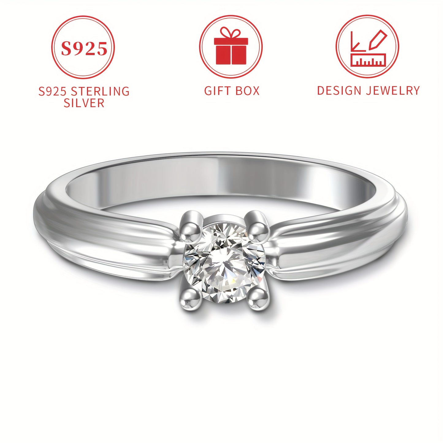 S925 sterling silver ring with synthetic diamond zirconia. Classic and simple design for everyday wear or special occasions. Comes in a high-quality gift box.