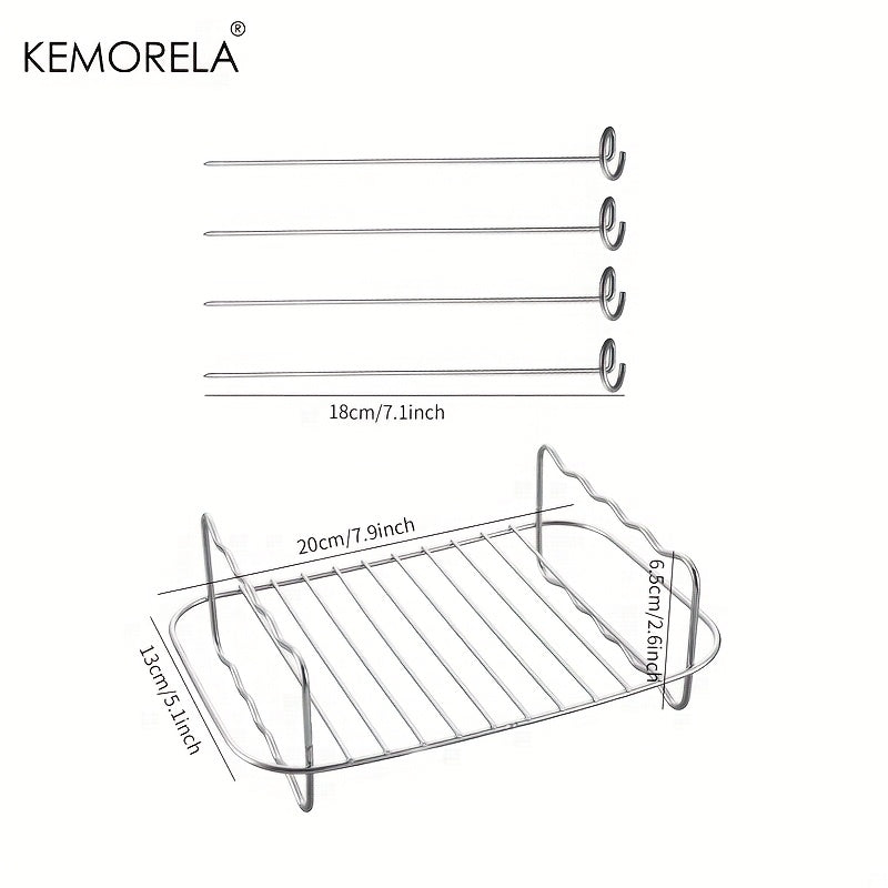 The KEMORELA Air Fryer Rack is a versatile set of 6 accessories designed for use in air fryer ovens. This double-layer rack includes skewers, a baking tray, a replacement BBQ rack, and a bacon fries chicken vegetables baking rack. Compatible with popular