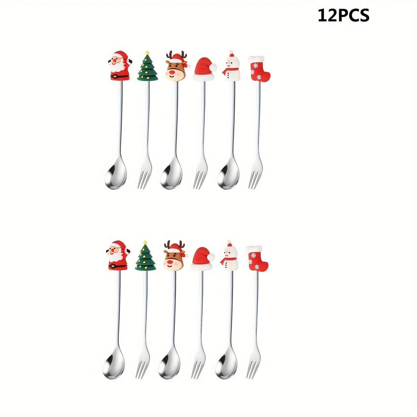 Set of 12 golden and silvery Christmas-themed coffee spoons, featuring cute doll designs. Made of stainless steel, this mixed set is perfect for use in restaurants during Christmas parties for serving desserts, coffee, milkshakes, jams, chocolates, and