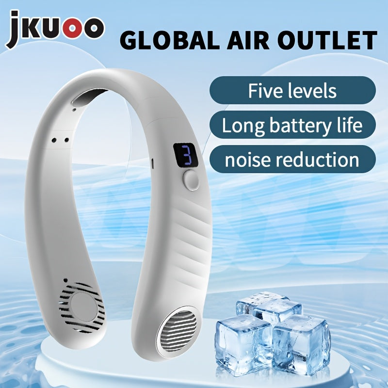 Introducing the 1pc JKUOO Portable Neck Fan with Digital Display. This USB Rechargeable Mini Personal Wearable Fan features 5-Speed settings, ensuring a quiet operation. Made of durable plastic material with a convenient cord, this fan is perfect for